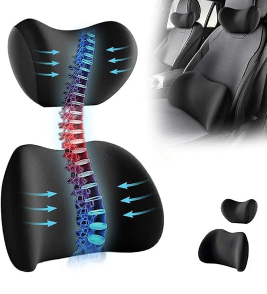 Car Headrest&Lumbar Support Cushion,Ergonomic Car Seat Headrest,Memory Foam Car Seat Headrest and Lumbar Support Cushion for Neck and Back Pain Relief (Black)