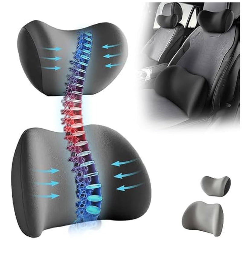 Car Headrest&Lumbar Support Cushion,Ergonomic Car Seat Headrest,Memory Foam Car Seat Headrest and Lumbar Support Cushion for Neck and Back Pain Relief (Black)